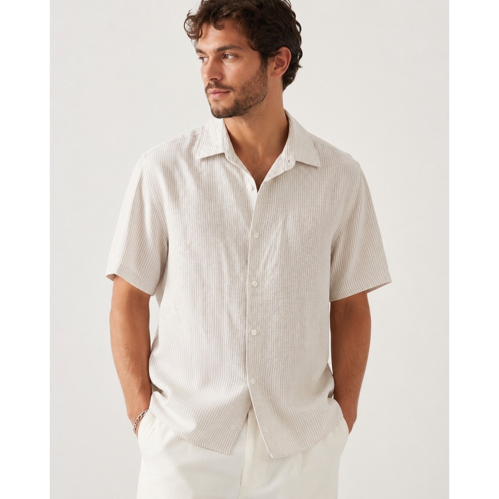 Theory Mens Irving Short Sleeve Relaxed Linen Striped Button Down Shirt XL Tan